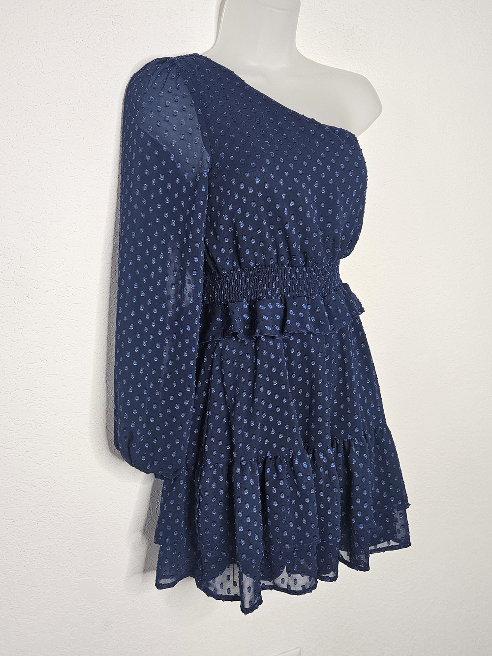 Altar'd State One-Shoulder Navy Swiss Polka Dot Ruffle Tiered Mini Dress Preppy - Picture 2 of 9
